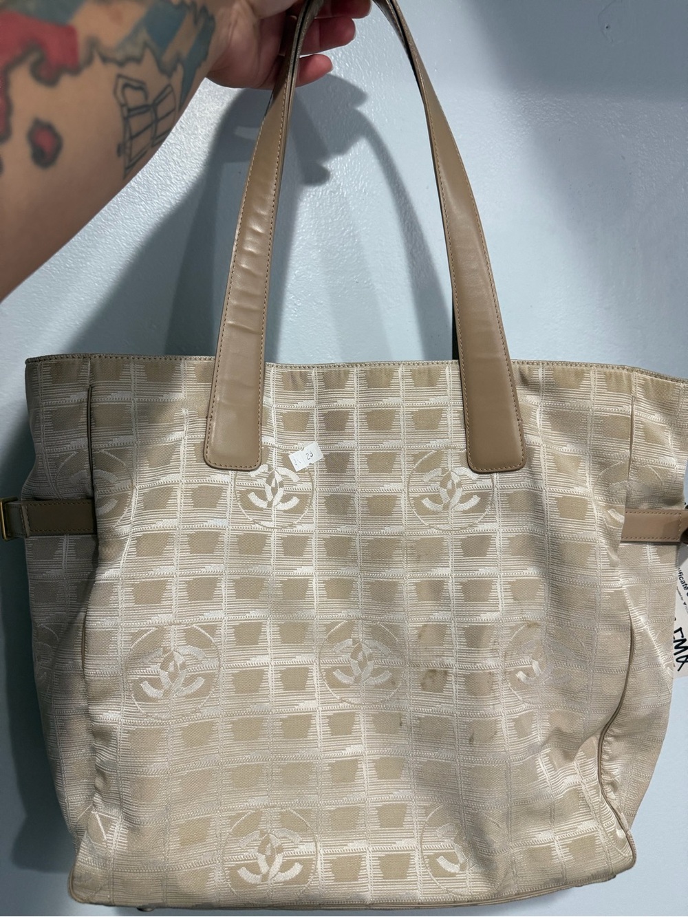 CHANEL Beige Logo Jacquard Tote with Tan Leather Straps